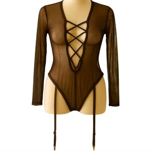 NWT Frederick's of Hollywood Lola Lee Bodysuit with Garters, Chocolate, M